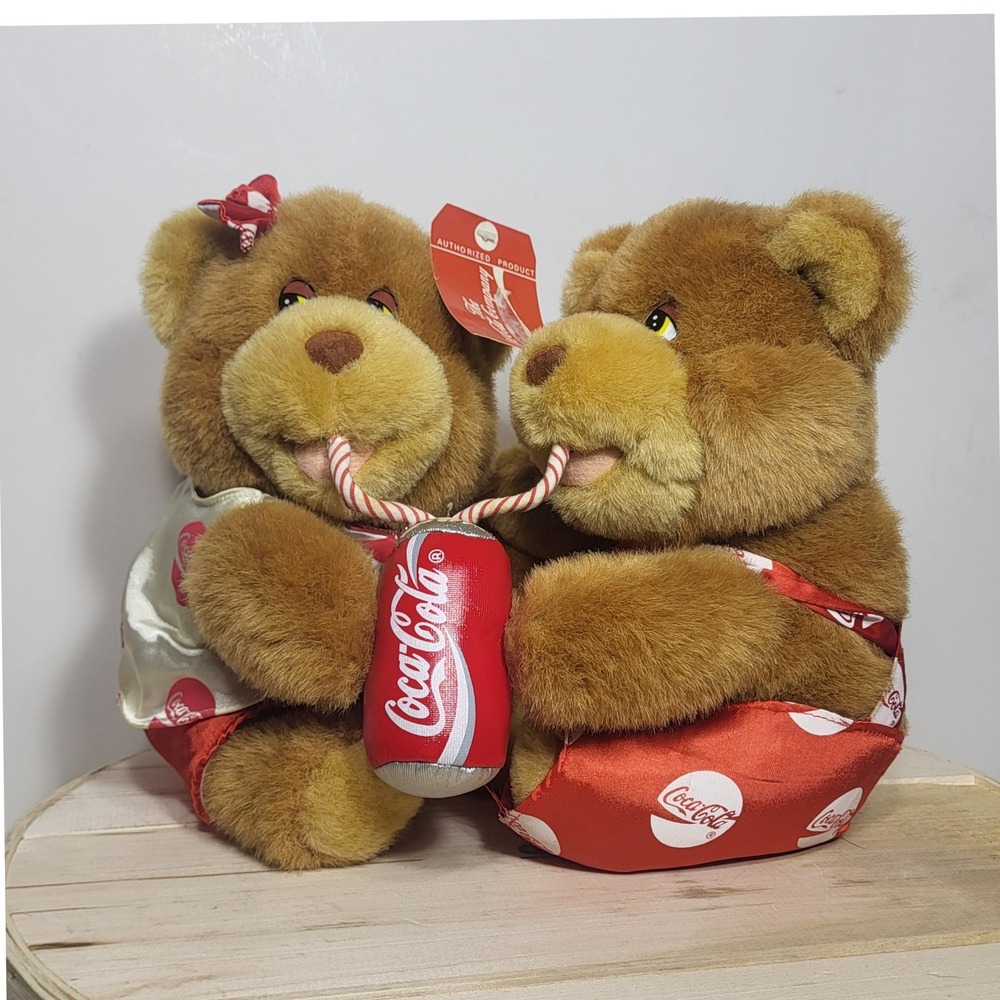 Vintage 1993 Coca-Cola Plush Bears Play-By-Play Brown Teddy Bears Sharing Coke